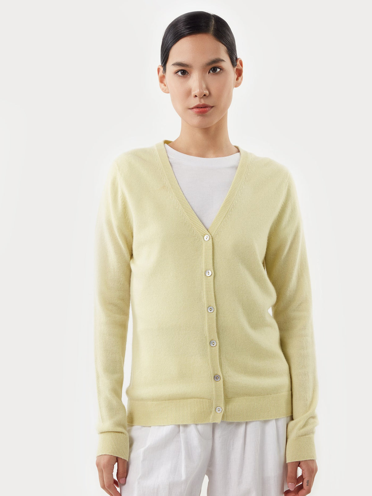 Essential Cashmere V-neck Cardigan — Cream Yellow