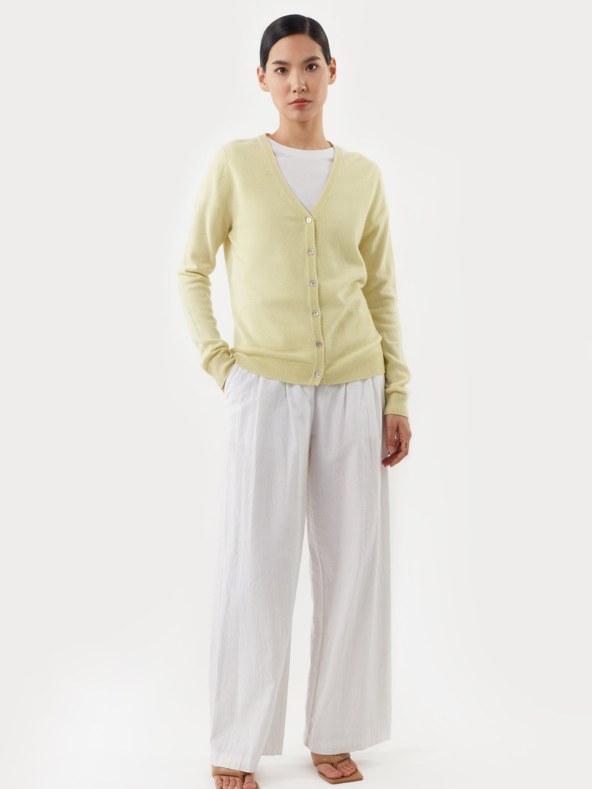 Essential Cashmere V-neck Cardigan — Cream Yellow