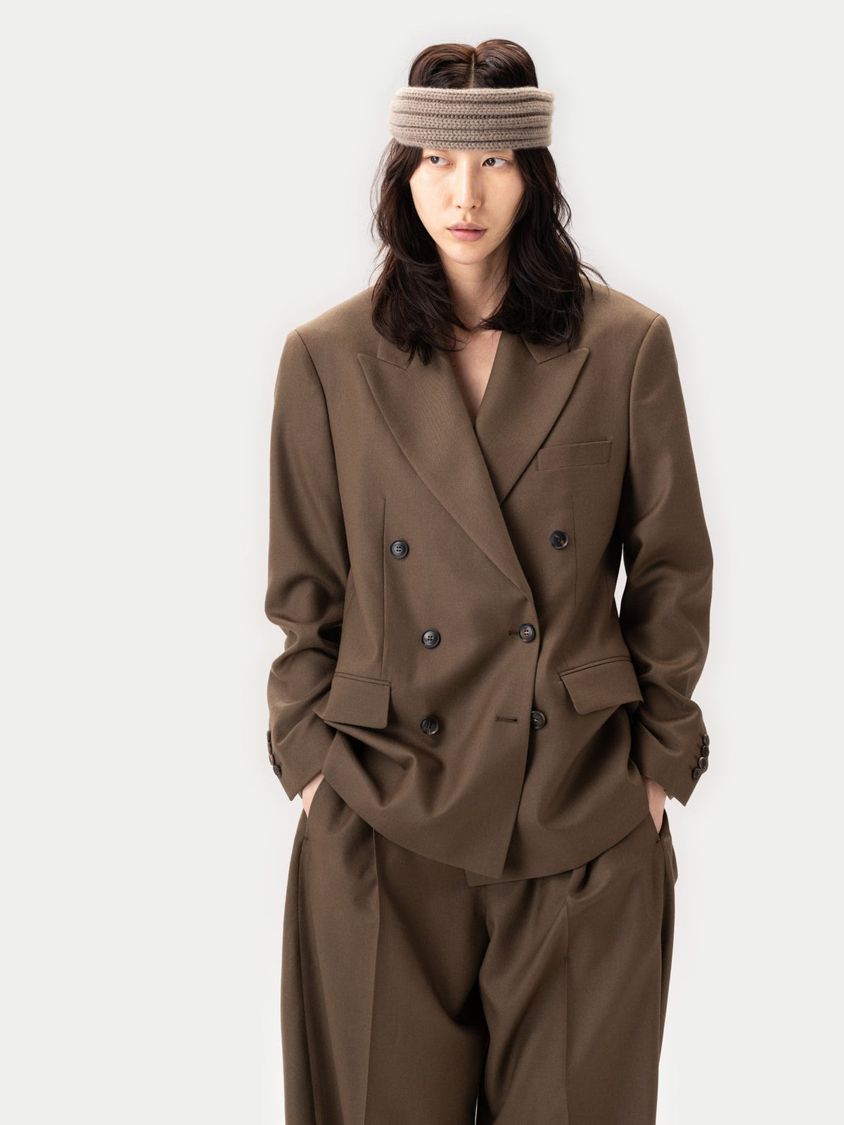 Double-breasted Cashmere Suit Blazer — Dark Brown