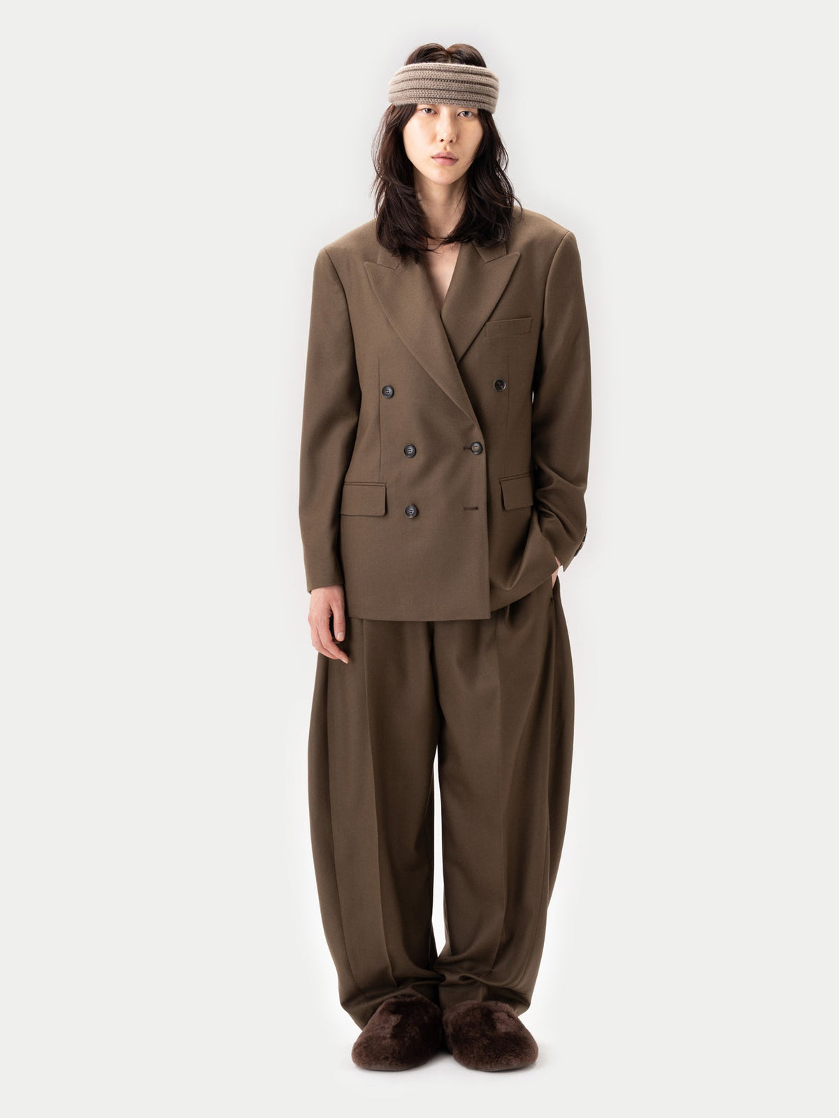 Double-breasted Cashmere Suit Blazer — Dark Brown