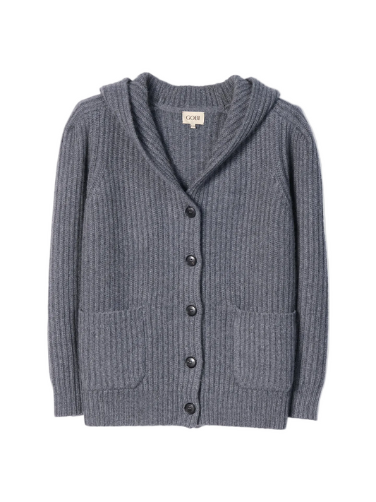 Wide-shoulder Hooded Cashmere Cardigan — Dark Gray