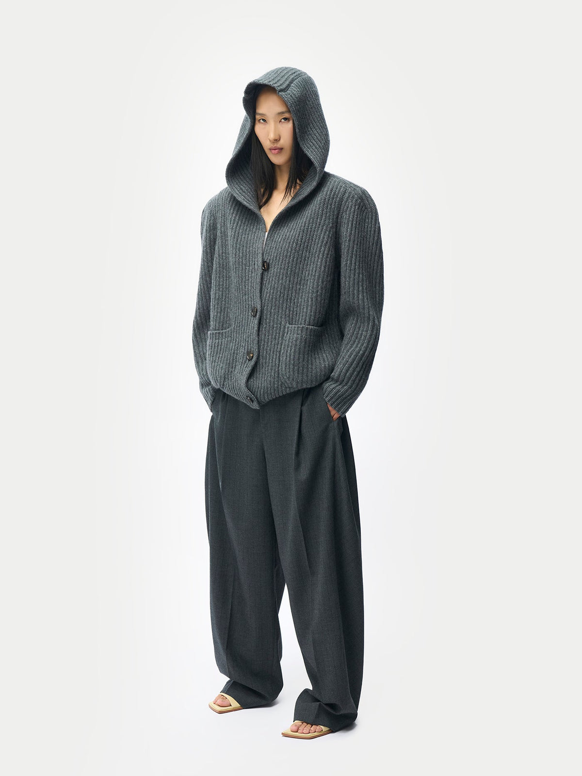 Wide-shoulder Hooded Cashmere Cardigan — Dark Gray