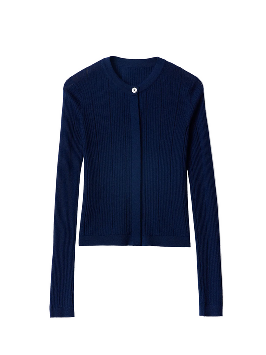 Hidden Button-front Cashmere Silk Cardigan — Dark Indigo