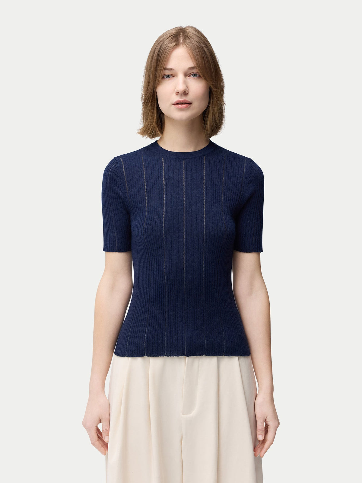 Ajour-knit Cashmere Silk Top — Dark Indigo