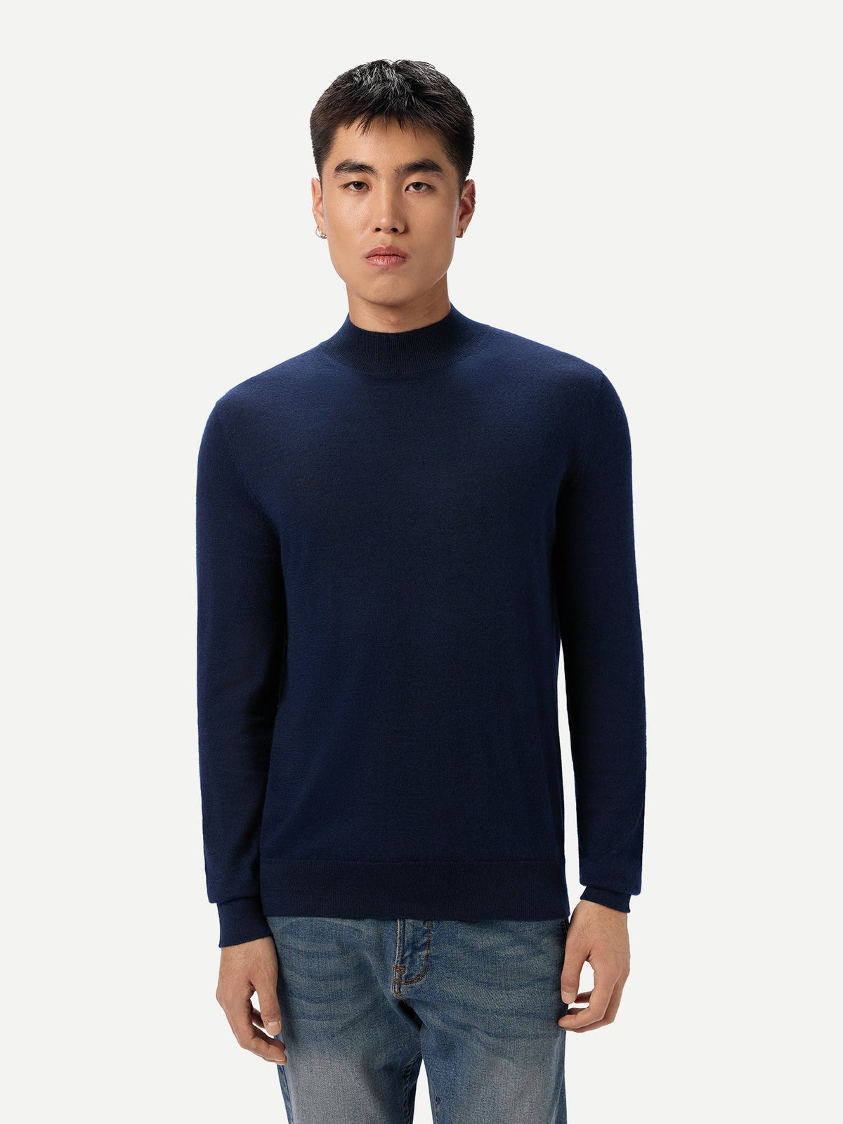 Men Cashmere Silk High Neck Sweater — Dark Indigo