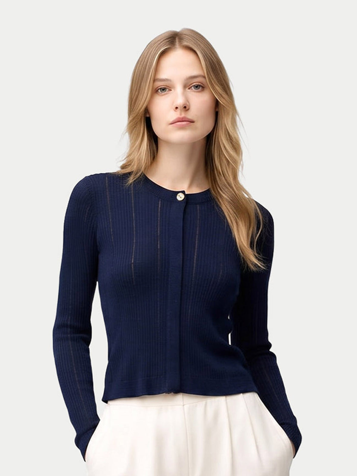 Hidden Button-front Cashmere Silk Cardigan — Dark Indigo