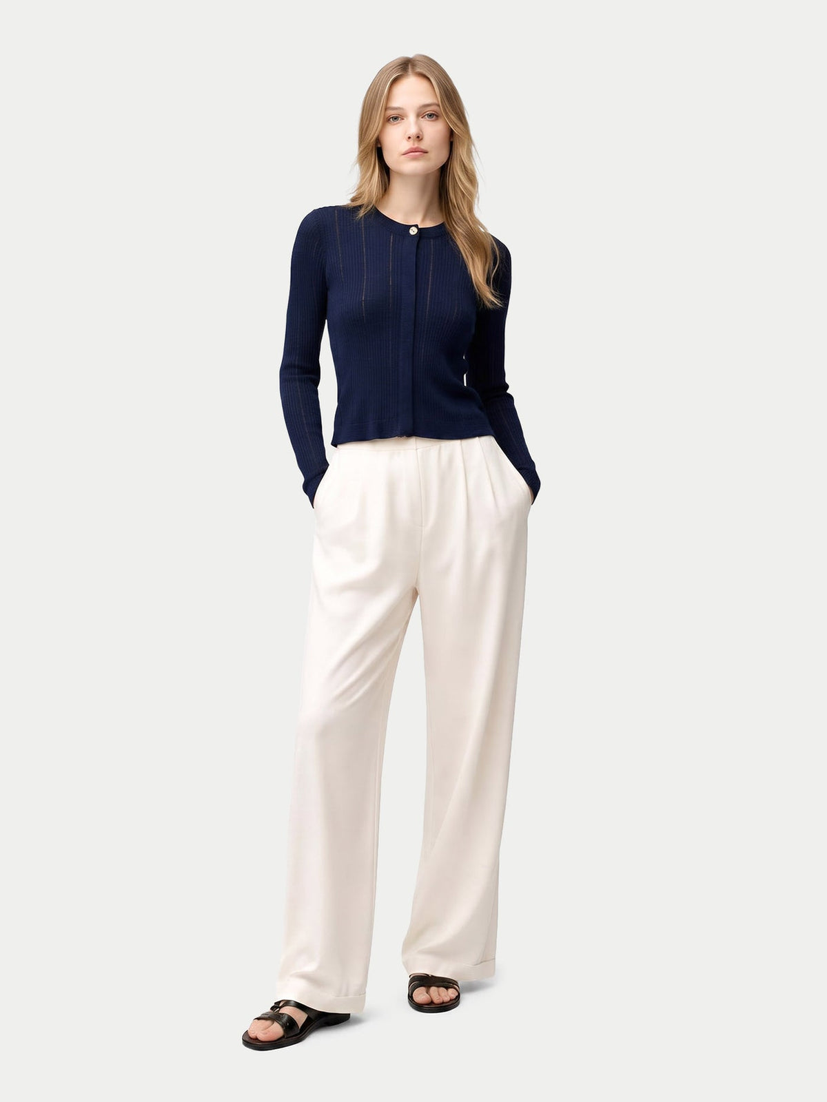 Hidden Button-front Cashmere Silk Cardigan — Dark Indigo