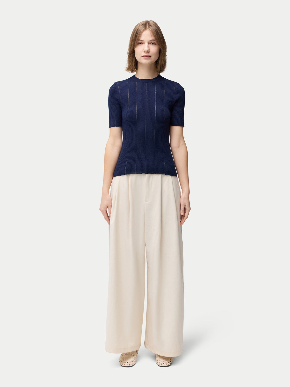 Ajour-knit Cashmere Silk Top — Dark Indigo