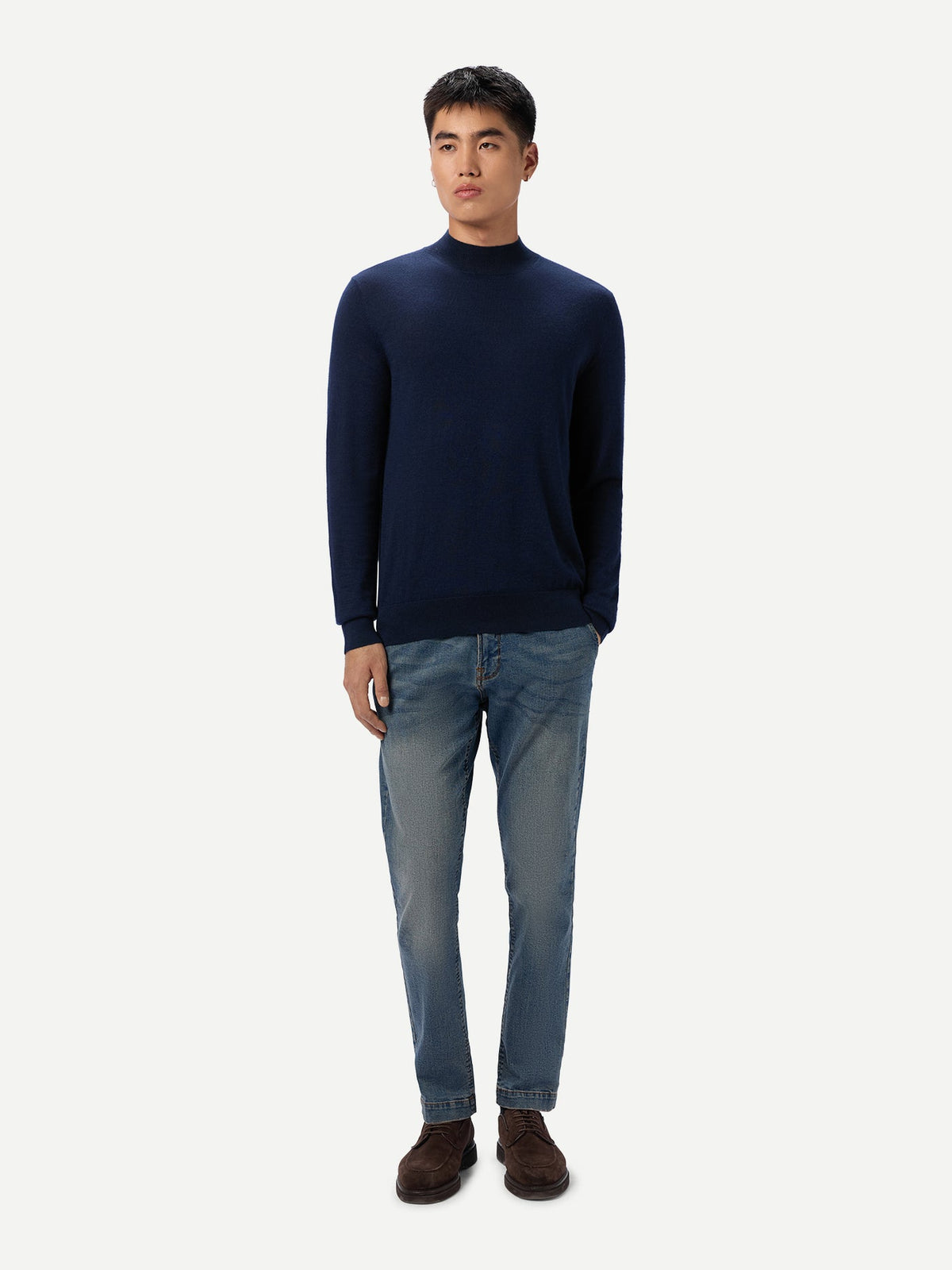 Men Cashmere Silk High Neck Sweater — Dark Indigo