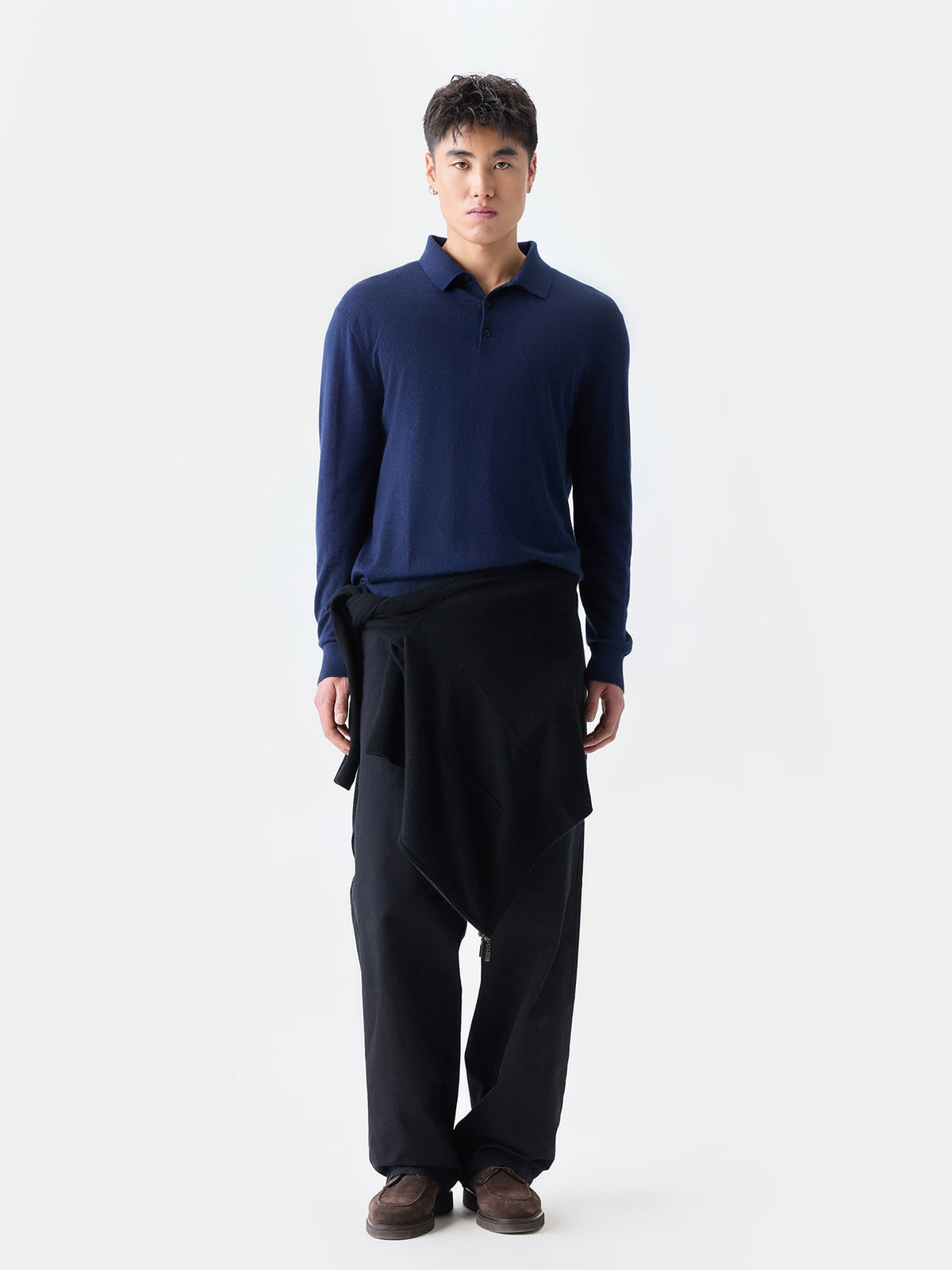Men Classic Polo Shirt With Long Sleeve — Dark Indigo