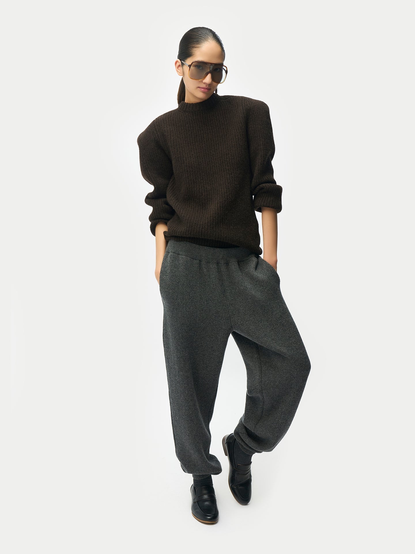 Sculpted-Shoulder Cashmere Sweater — Deep Mole