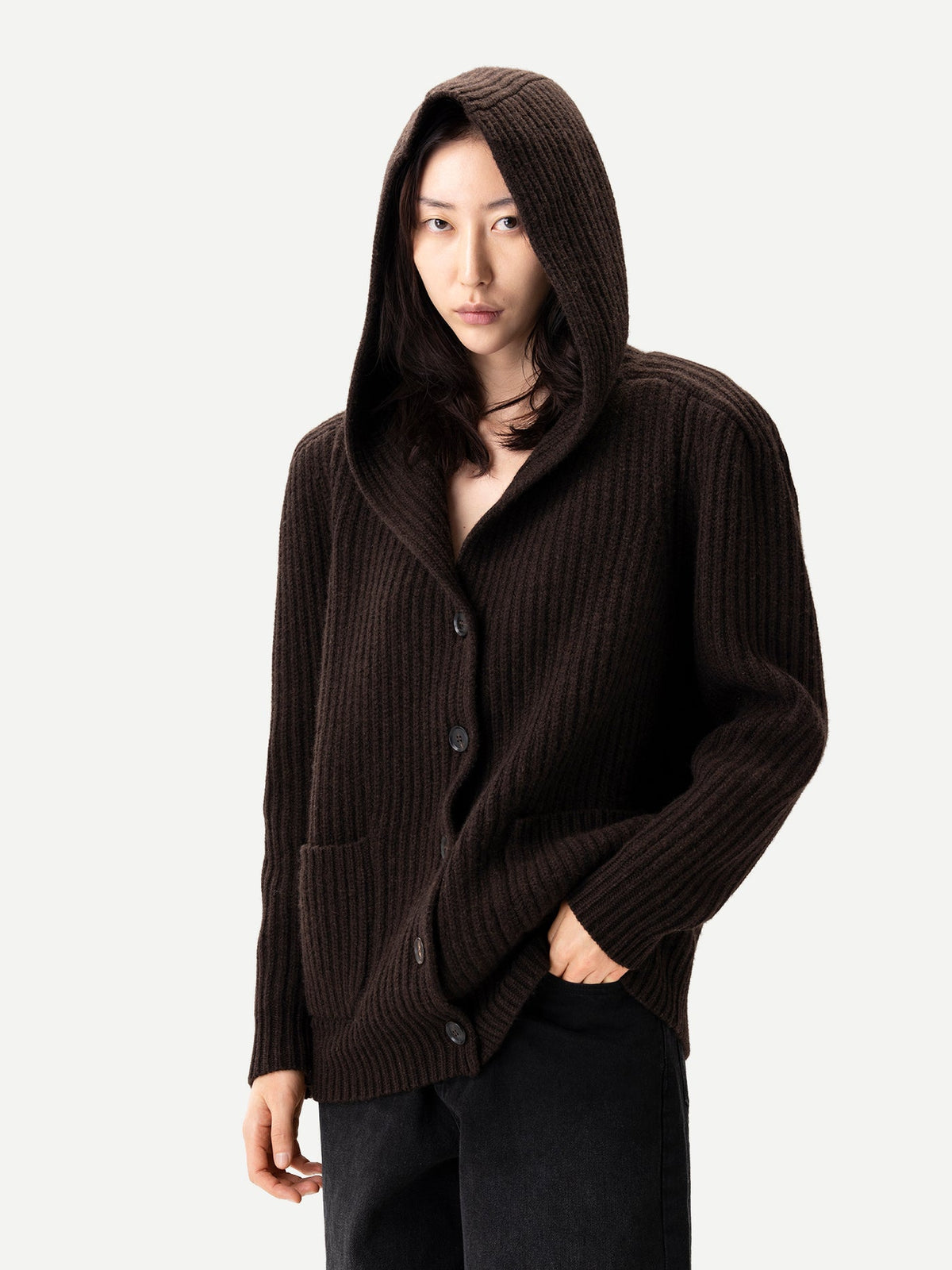 Wide-shoulder Hooded Cashmere Cardigan — Deep Mole