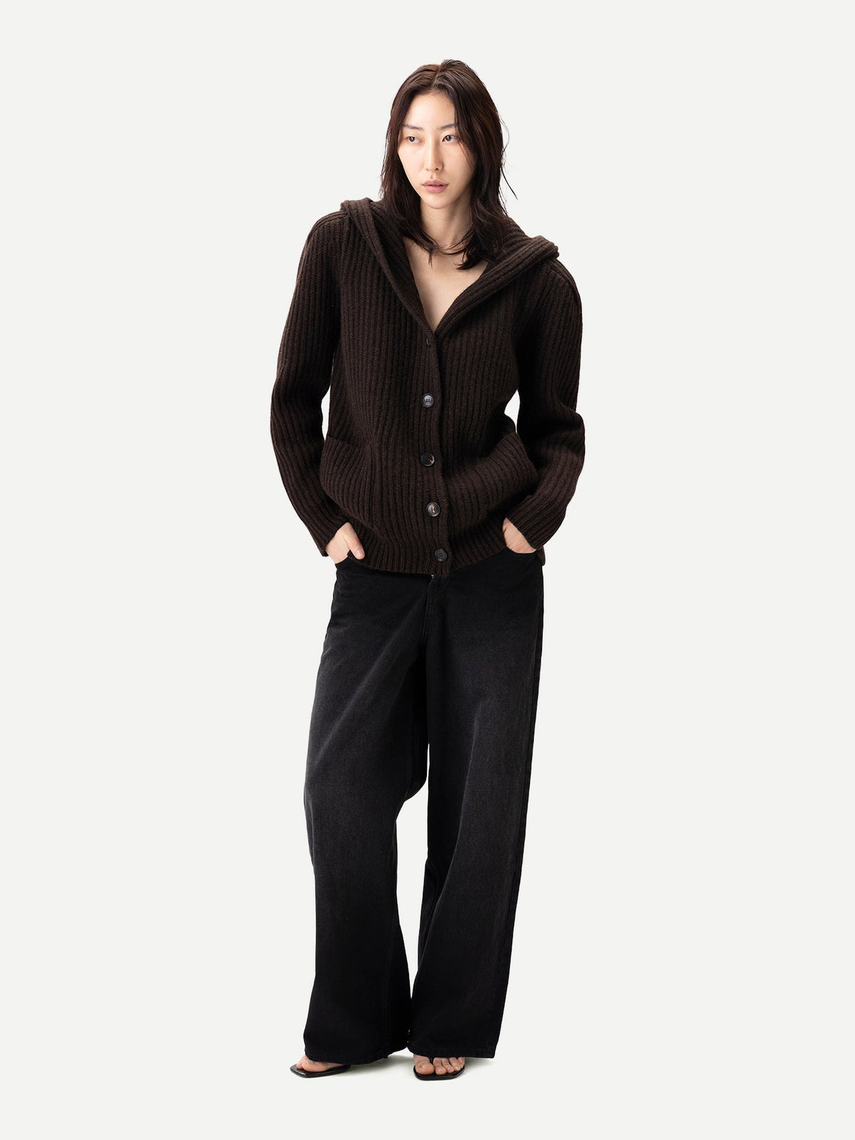 Wide-shoulder Hooded Cashmere Cardigan — Deep Mole