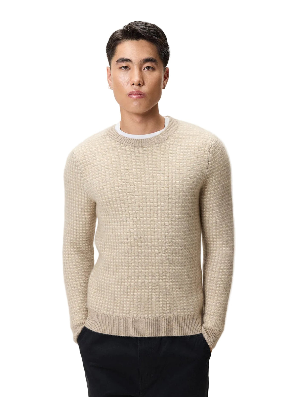 Men's Natural Color Cashmere Waffle Knit Sweater — Dusty Beige