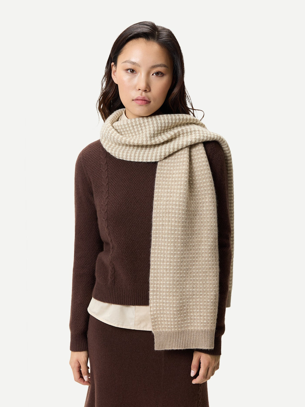 Waffle Knit Cashmere Scarf — Dusty Beige
