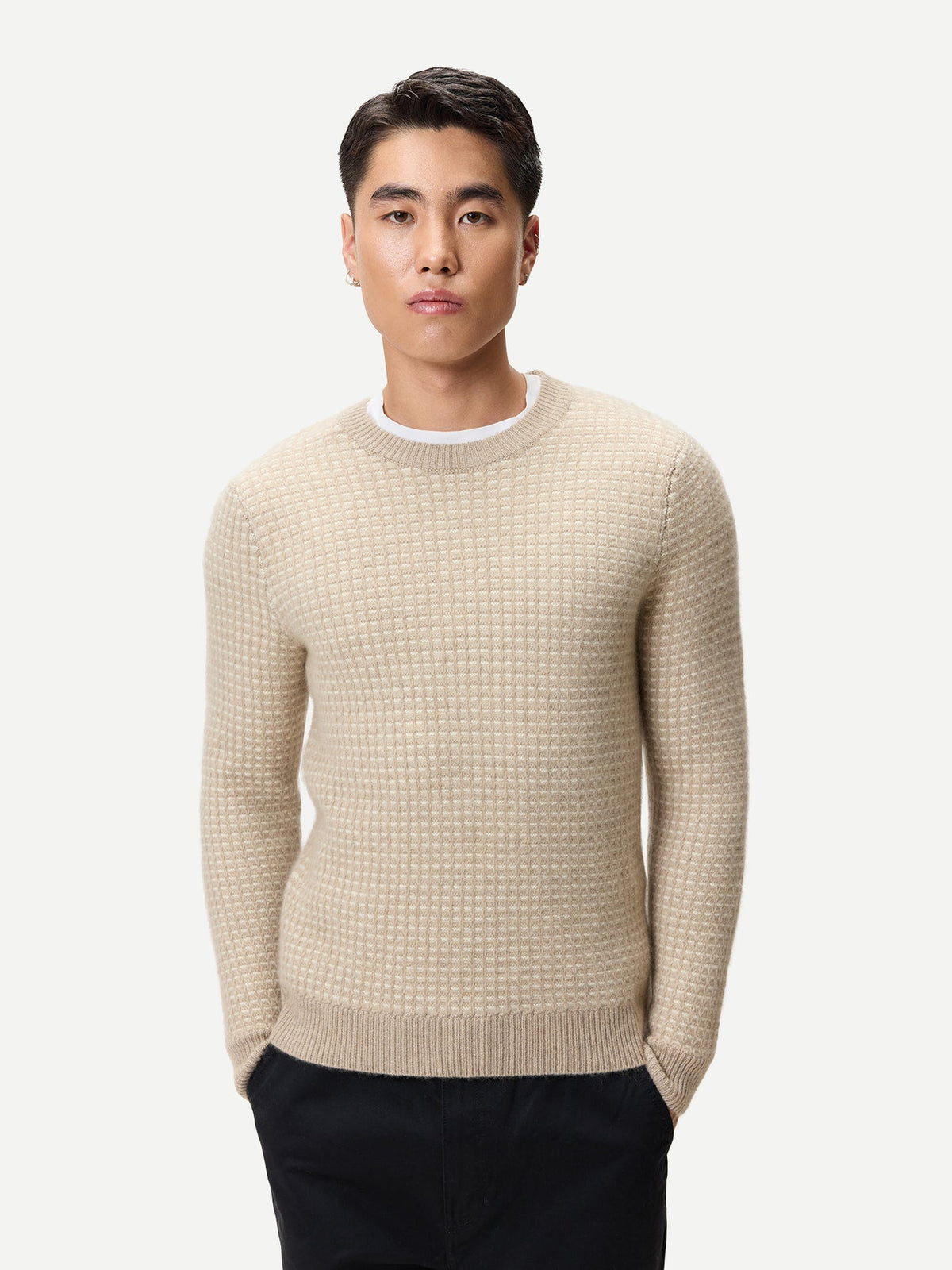 Men's Natural Color Cashmere Waffle Knit Sweater — Dusty Beige