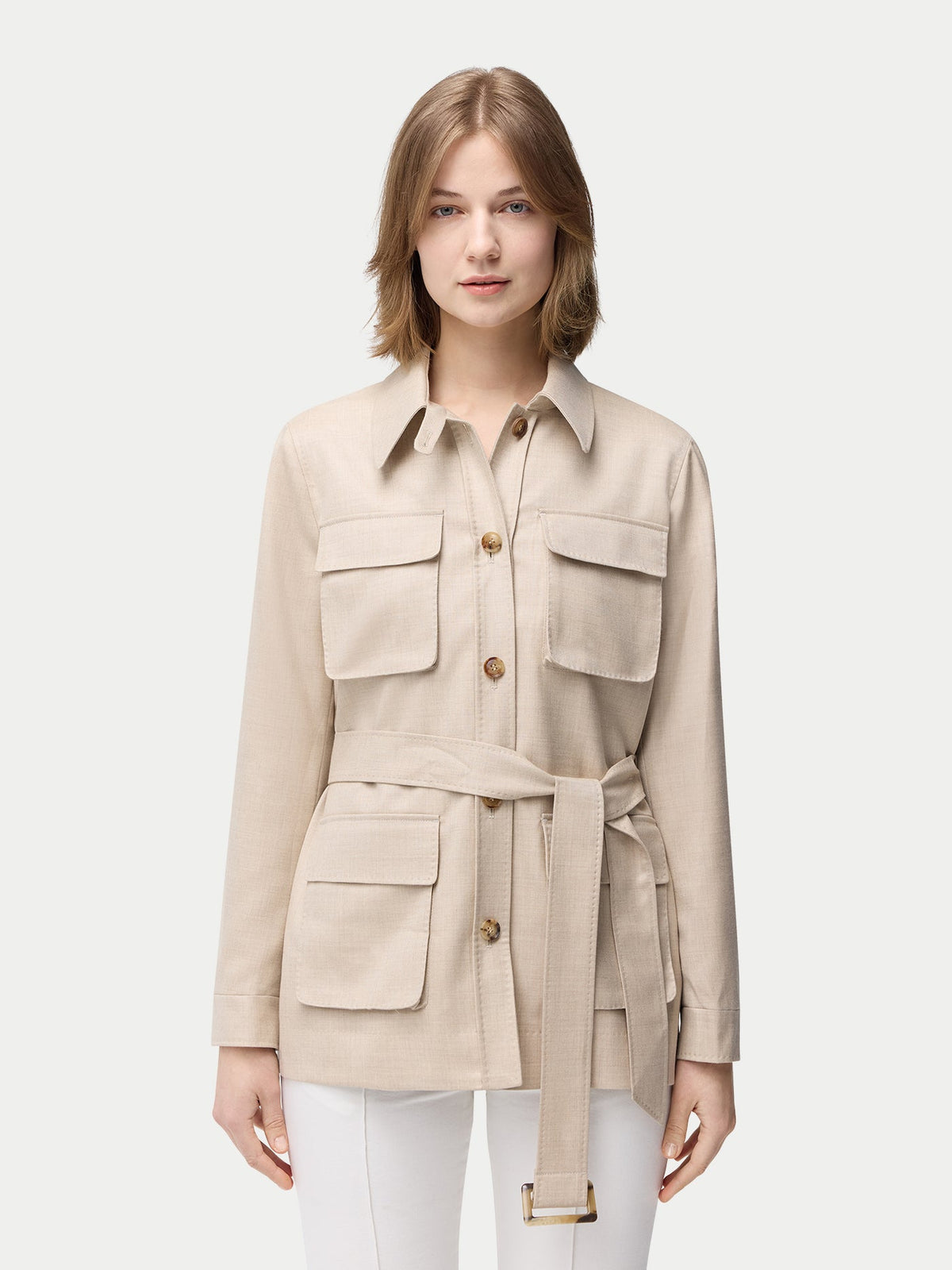 Natural Color Belted Cashmere Safari Jacket — Dusty Beige
