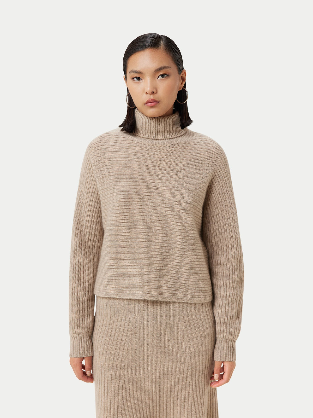 Natural Color Cashmere Cropped T-neck Sweater — Dusty Beige