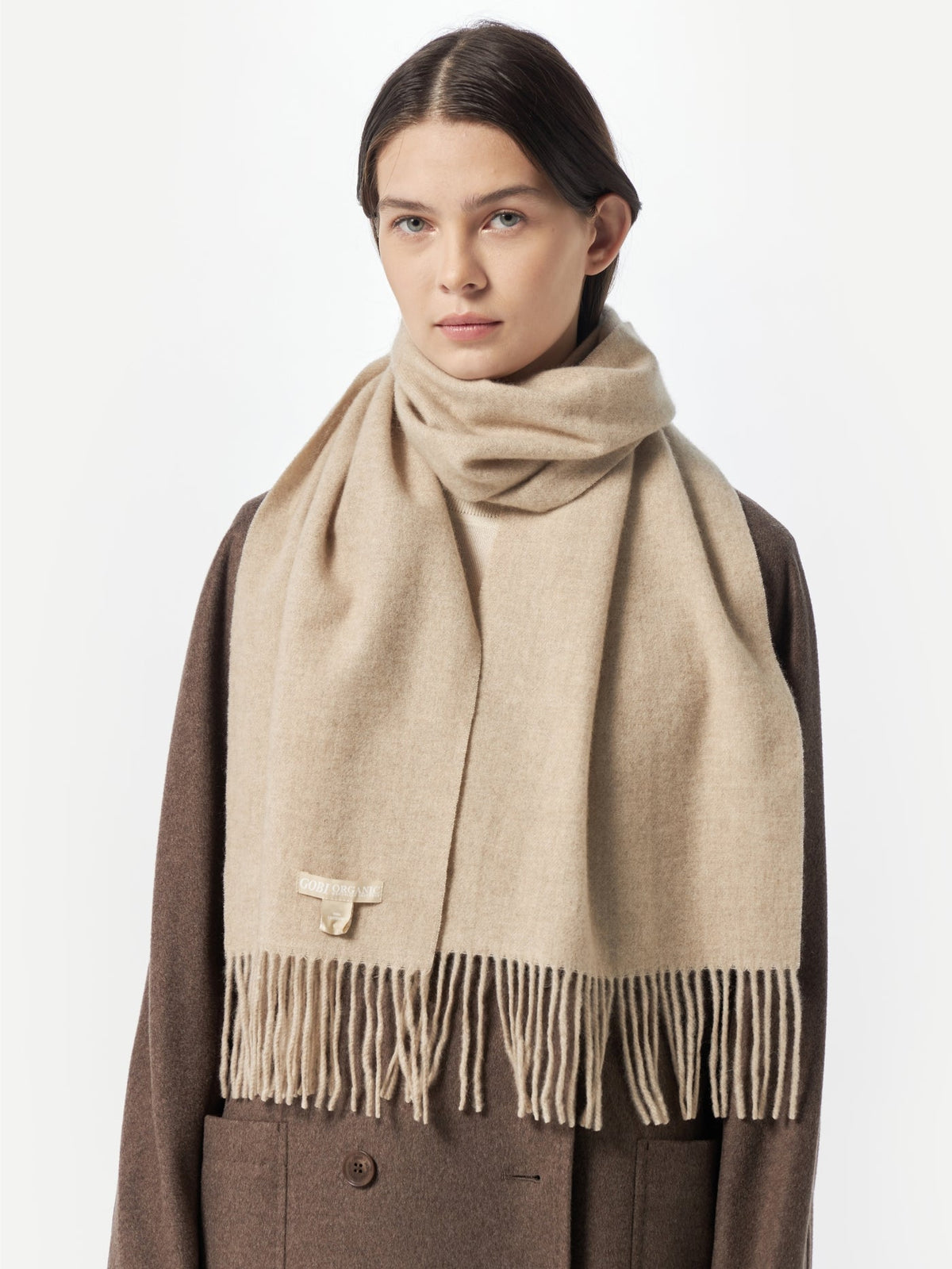Natural Color Cashmere Fringed Scarf — Dusty Beige