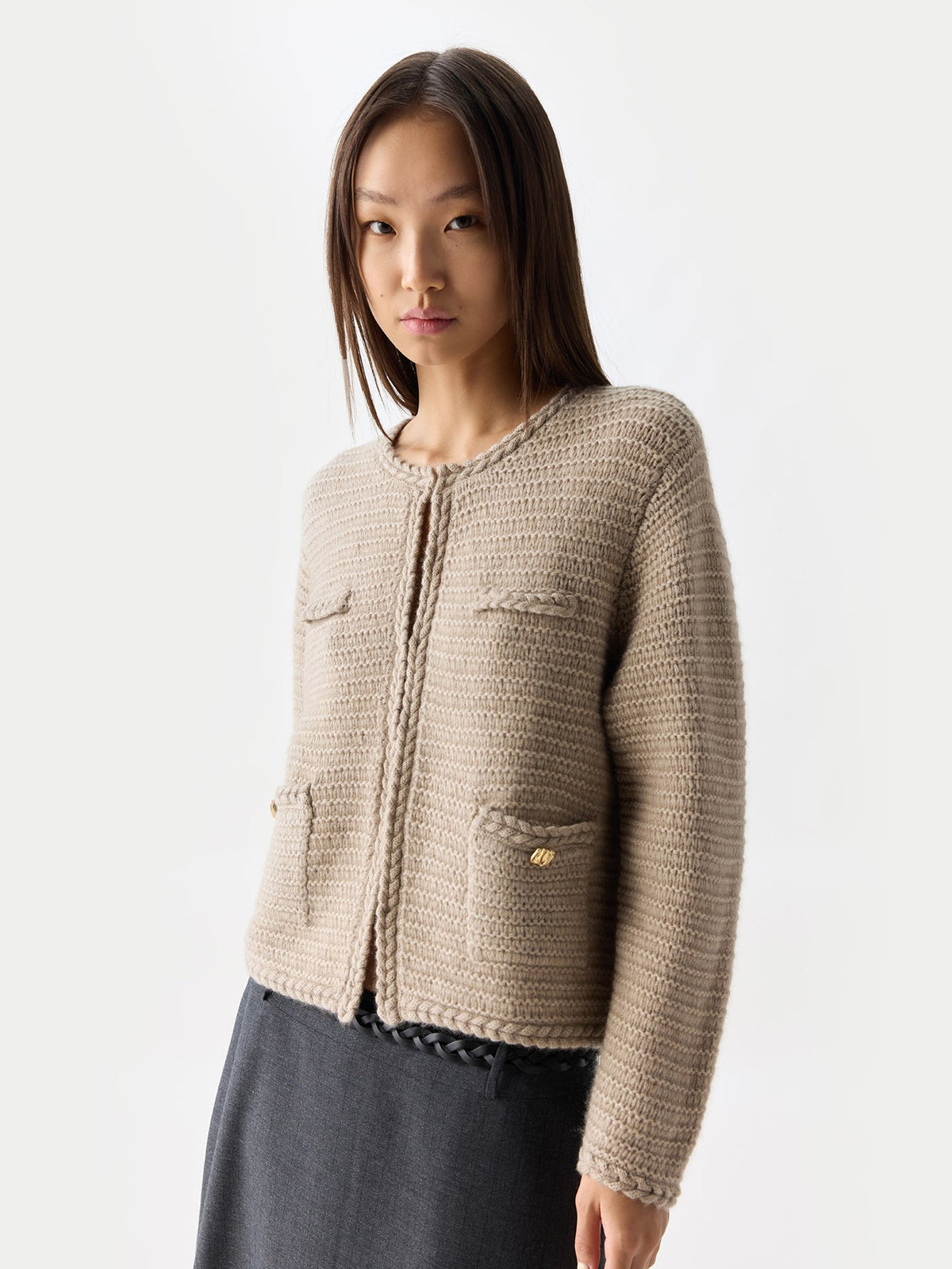 Textured Knit Cashmere Jacket-style Cardigan — Dusty Beige