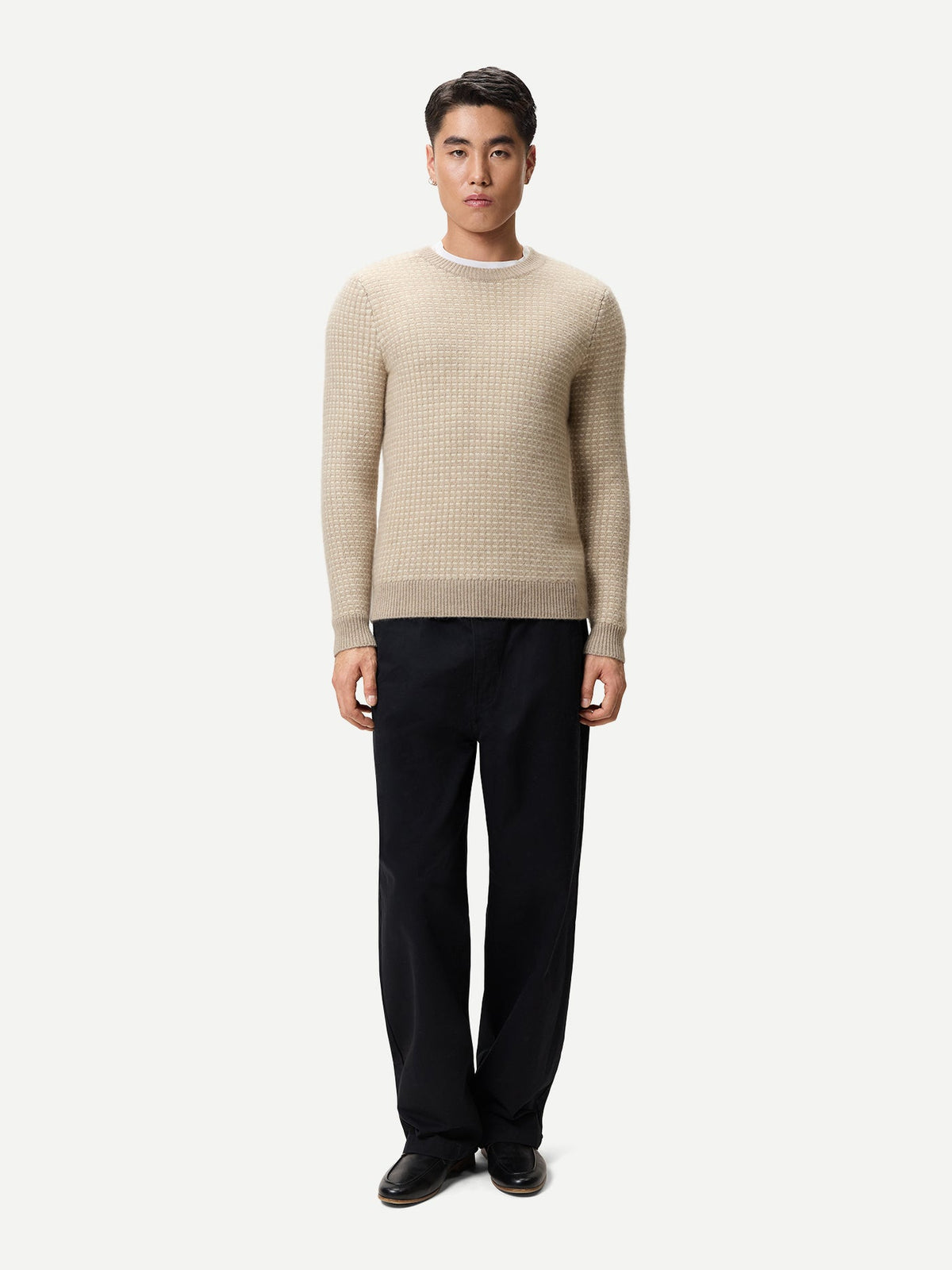 Men's Natural Color Cashmere Waffle Knit Sweater — Dusty Beige