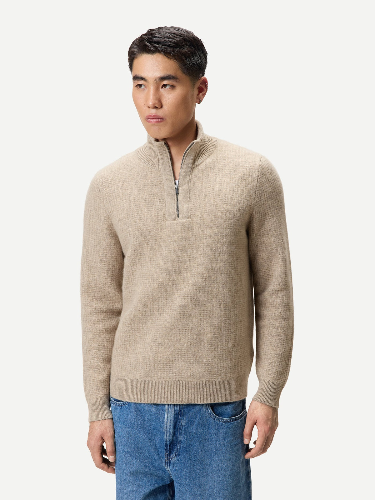 Men's Cashmere Waffle Knit Half-zip Sweater — Dusty Beige