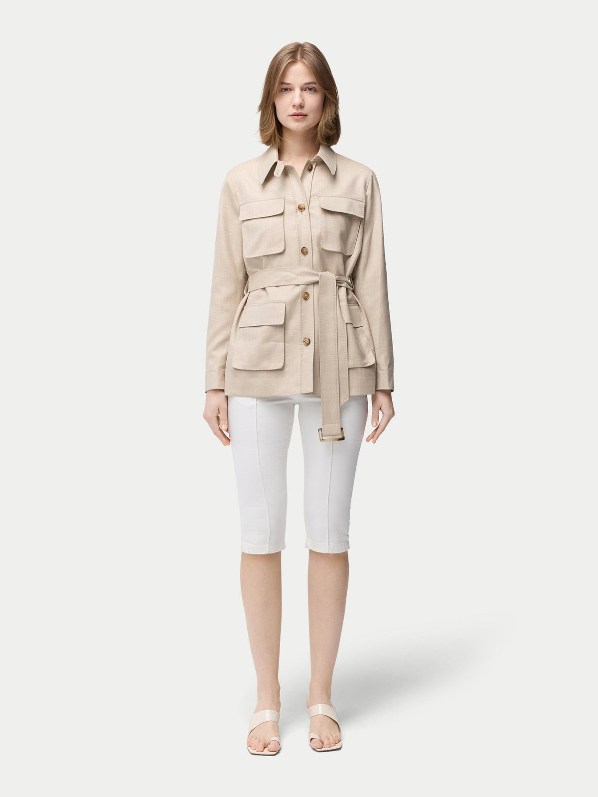 Natural Color Belted Cashmere Safari Jacket — Dusty Beige