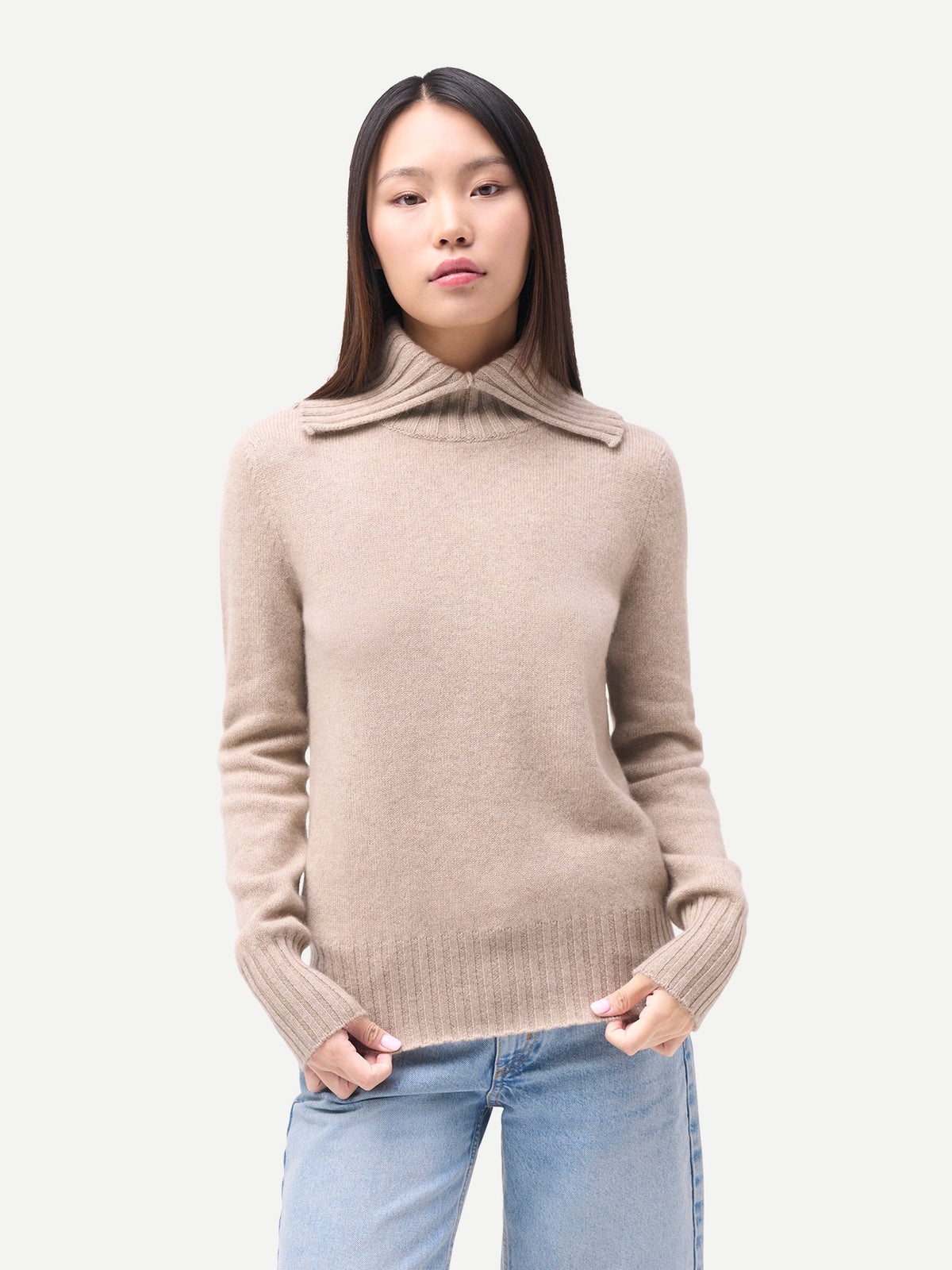 Fold-over Turtleneck Cashmere Sweater — Dusty Beige