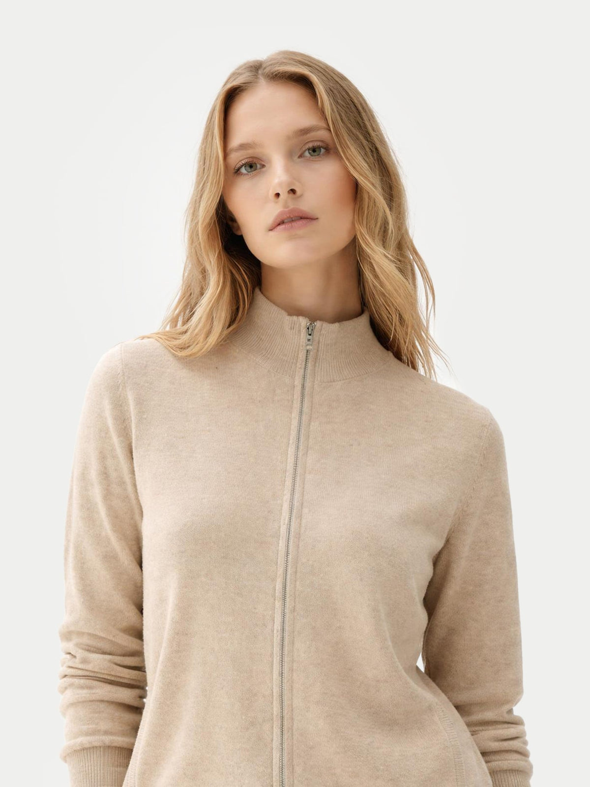 Essential Natural Color Cashmere Full-zip Cardigan — Dusty Beige