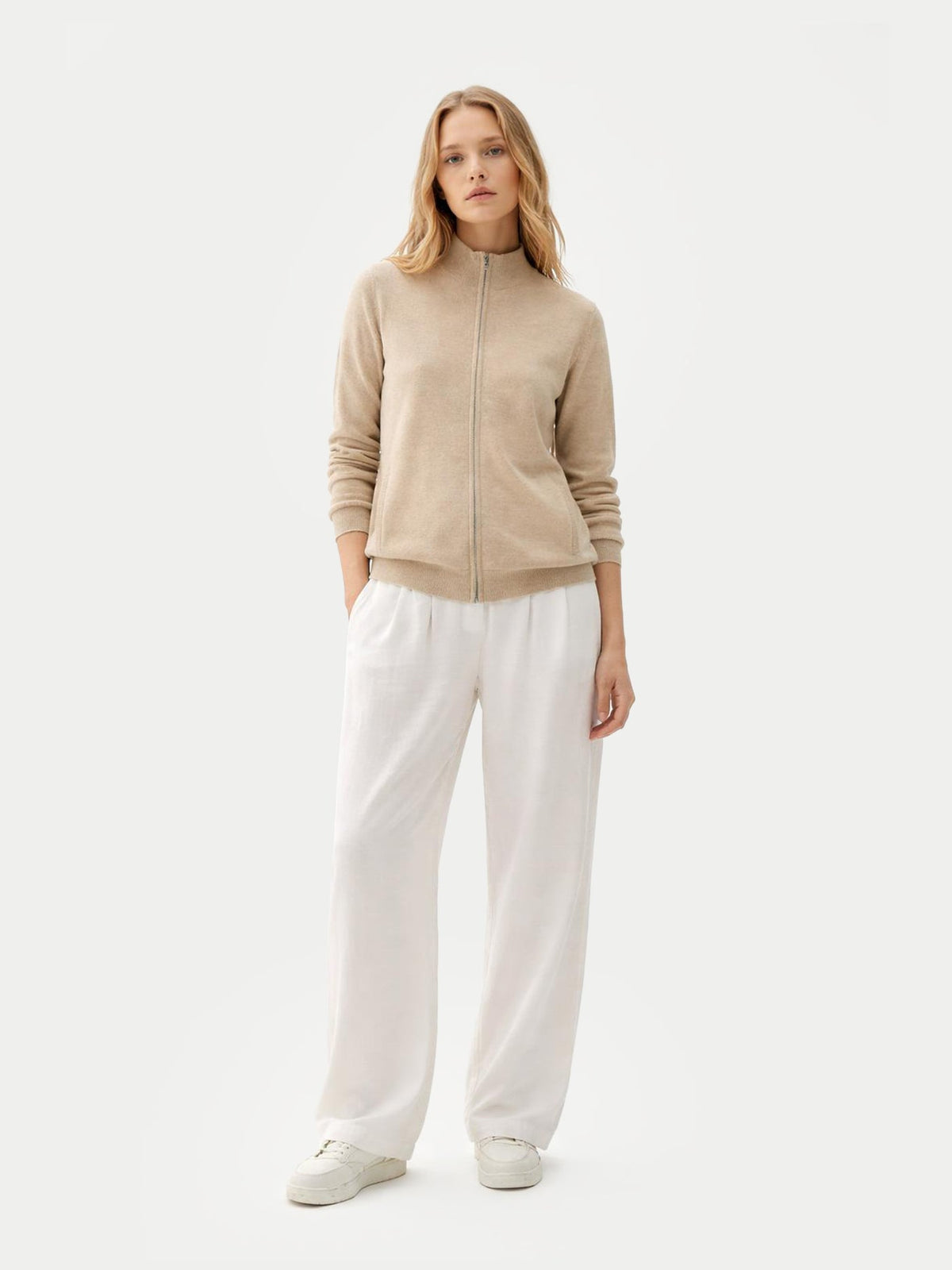 Essential Natural Color Cashmere Full-zip Cardigan — Dusty Beige