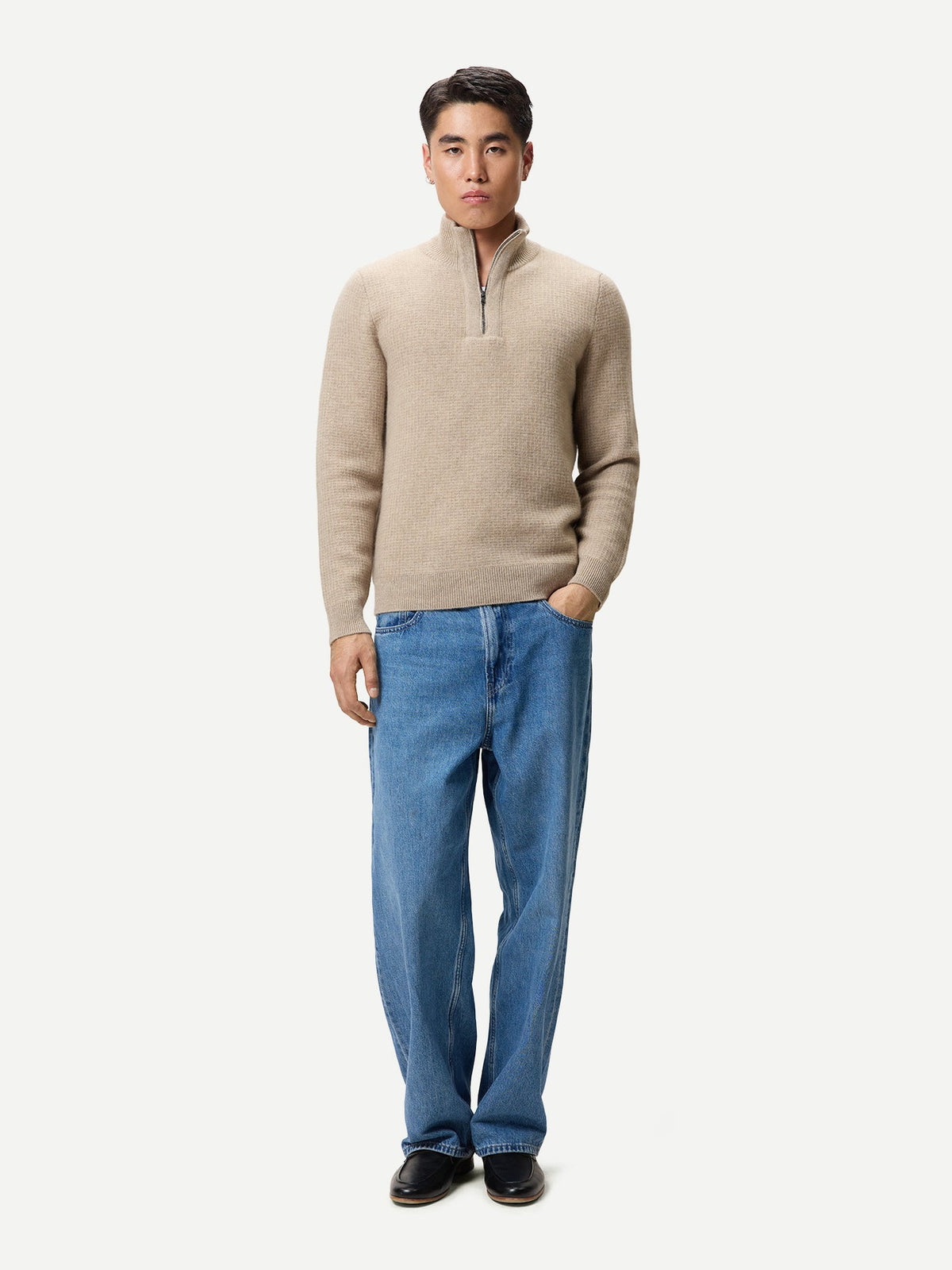 Men's Cashmere Waffle Knit Half-zip Sweater — Dusty Beige