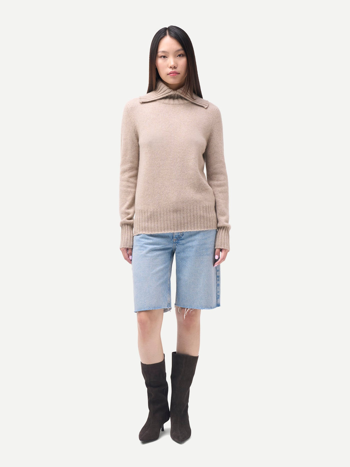 Fold-over Turtleneck Cashmere Sweater — Dusty Beige