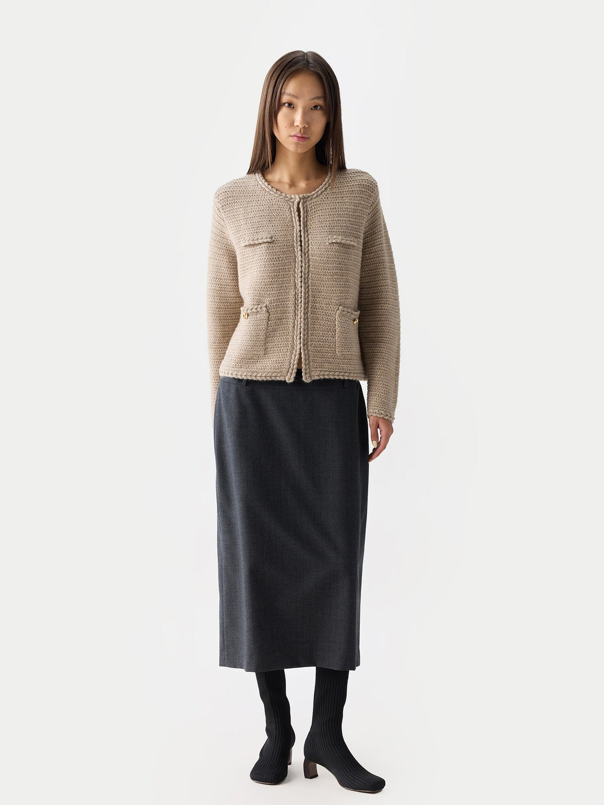 Textured Knit Cashmere Jacket-style Cardigan — Dusty Beige