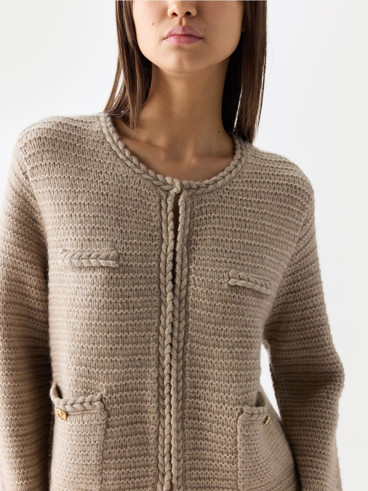 Textured Knit Cashmere Jacket-style Cardigan — Dusty Beige