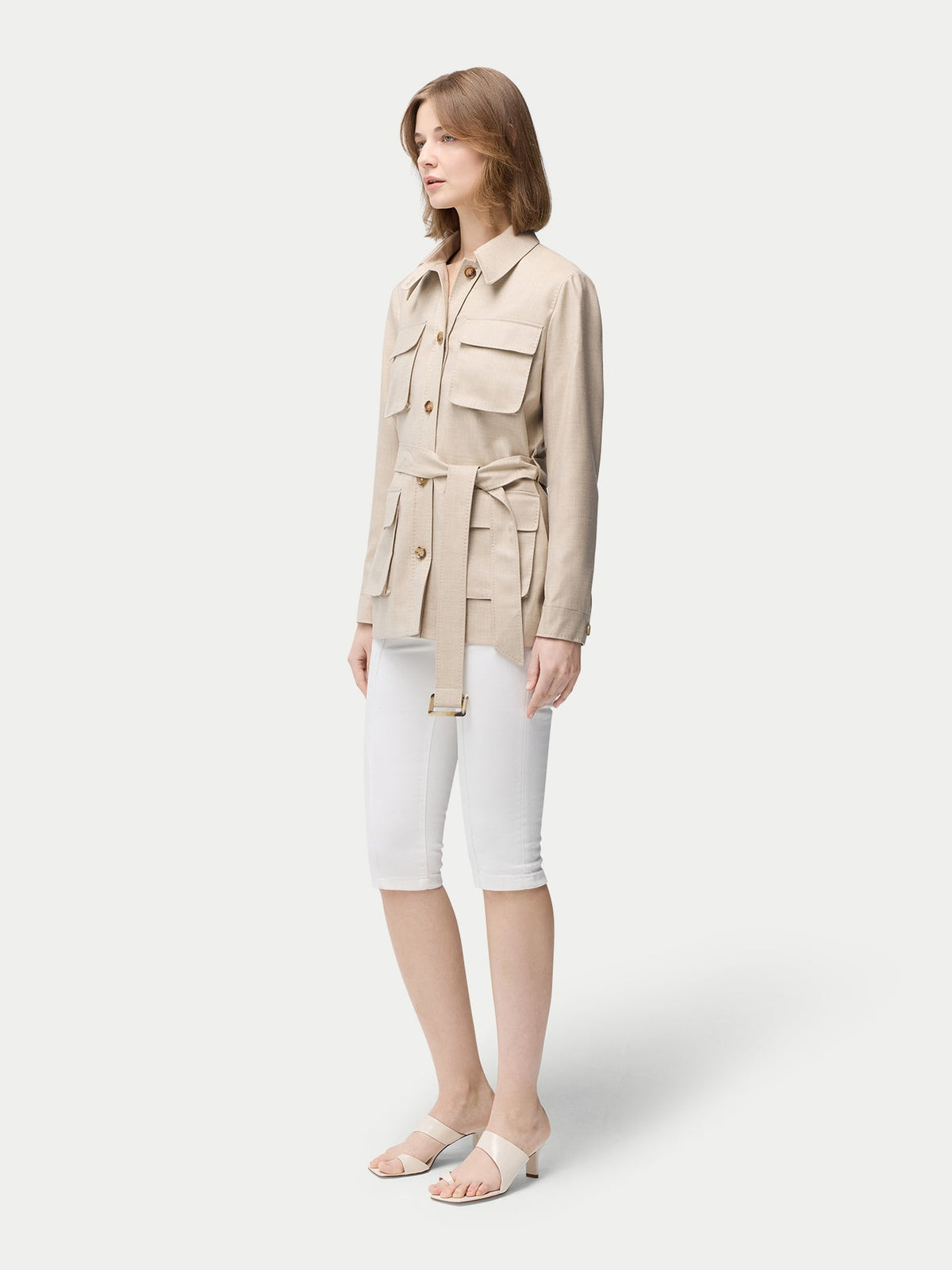 Natural Color Belted Cashmere Safari Jacket — Dusty Beige
