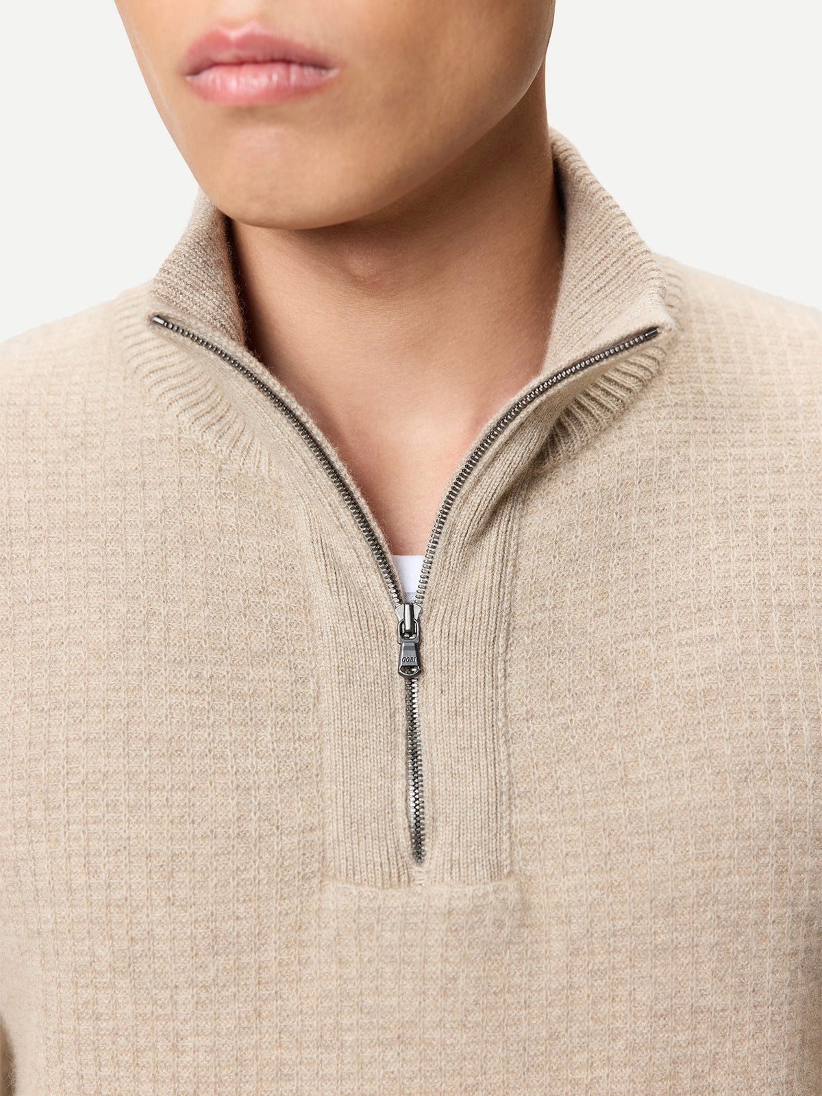 Men's Cashmere Waffle Knit Half-zip Sweater — Dusty Beige