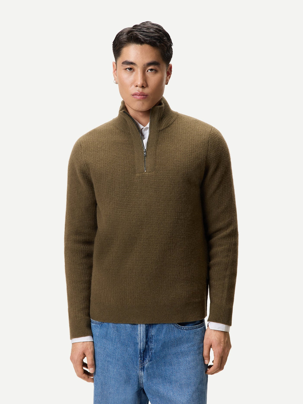 Men's Cashmere Waffle Knit Half-zip Sweater — Earth Brown