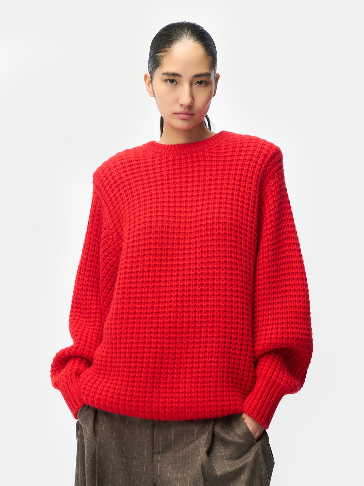 Wide-shoulder Crewneck Cashmere Sweater — Fiery Red