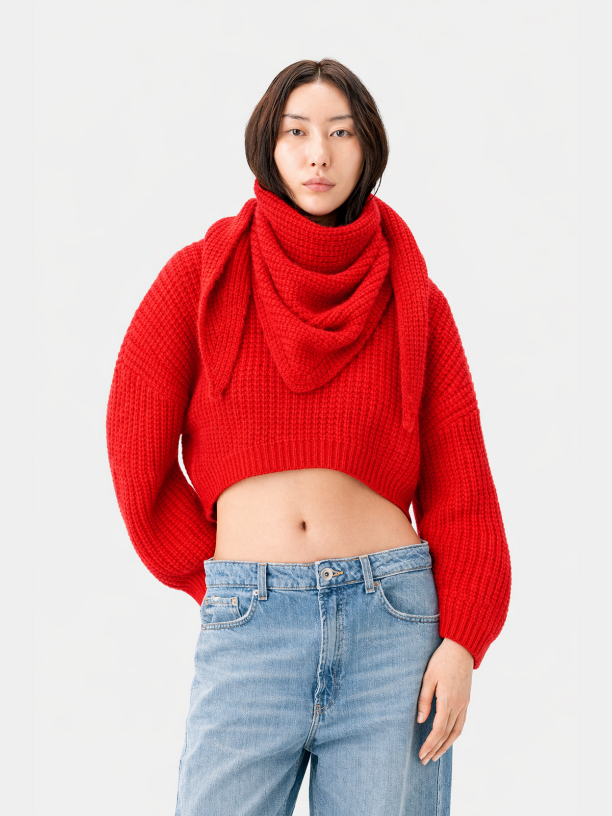 Oval-sleeve Cropped Cashmere Sweater — Fiery Red