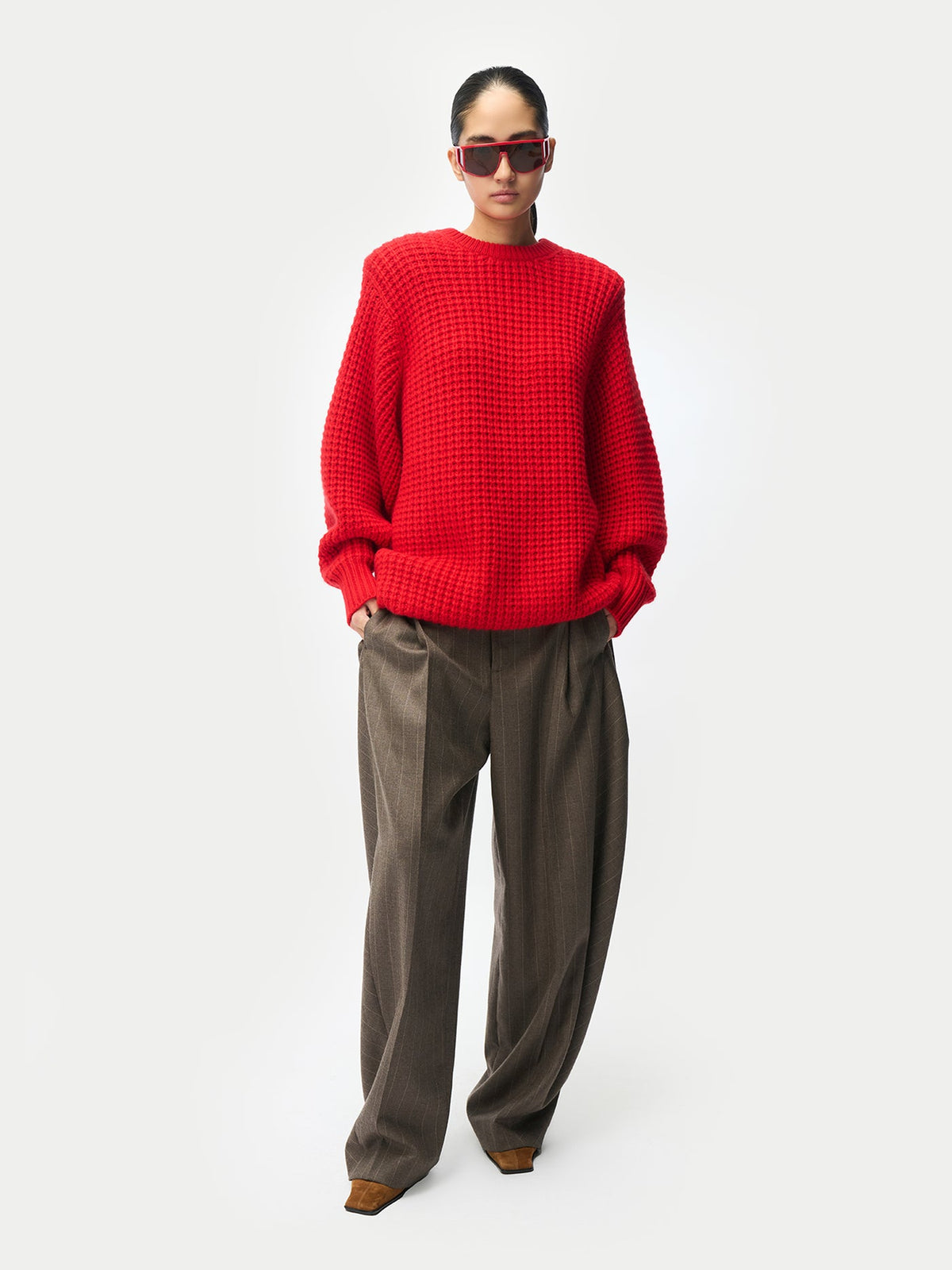 Wide-shoulder Crewneck Cashmere Sweater — Fiery Red