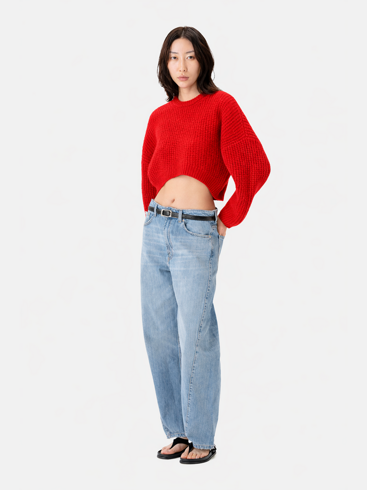 Oval-sleeve Cropped Cashmere Sweater — Fiery Red