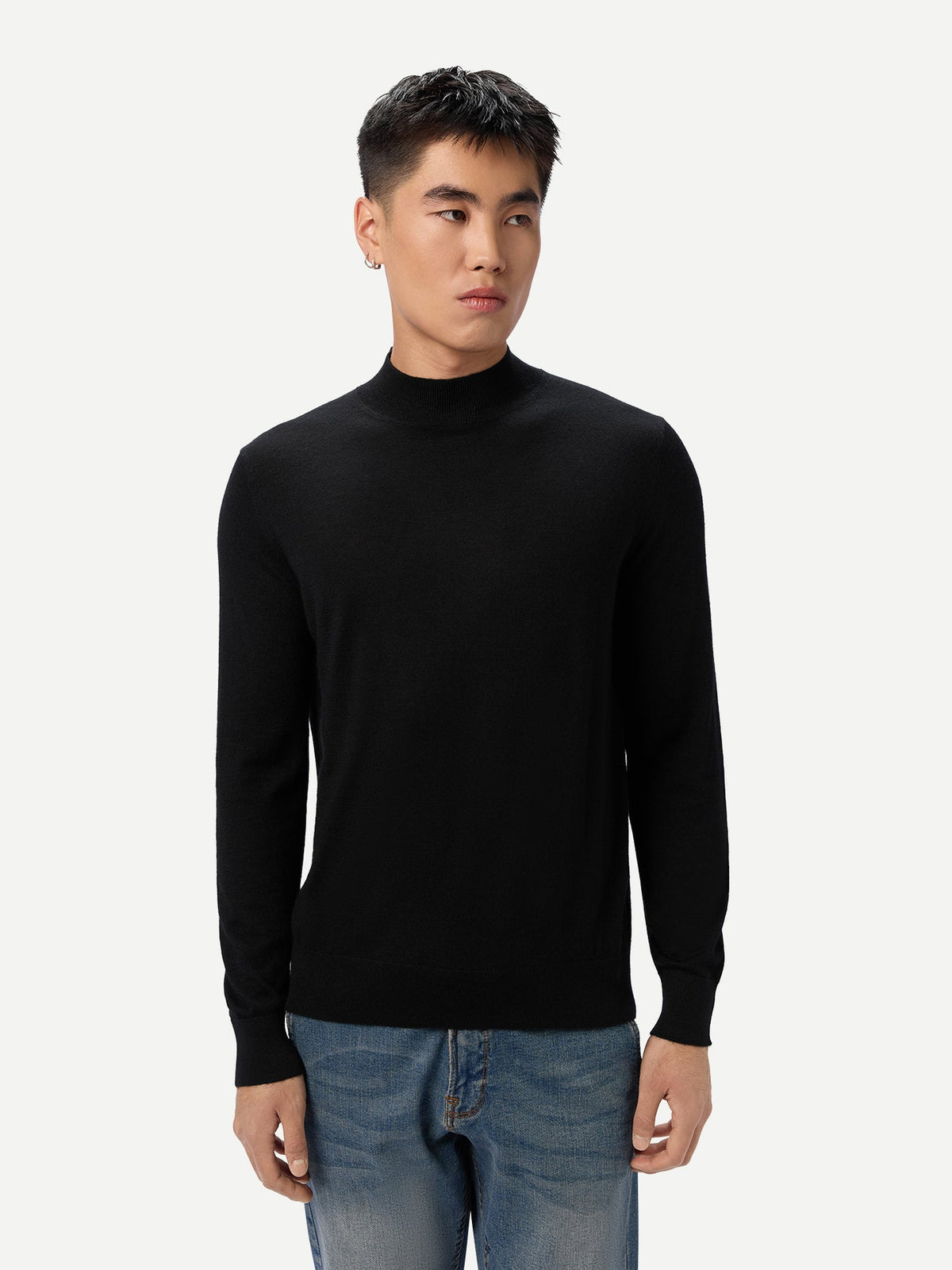 Men Cashmere Silk High Neck Sweater — Graphite Black