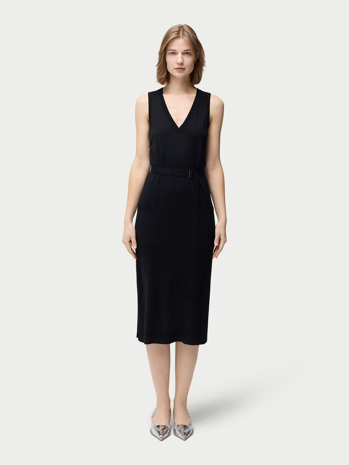 V-neck Silk Cashmere Dress — Graphite Black