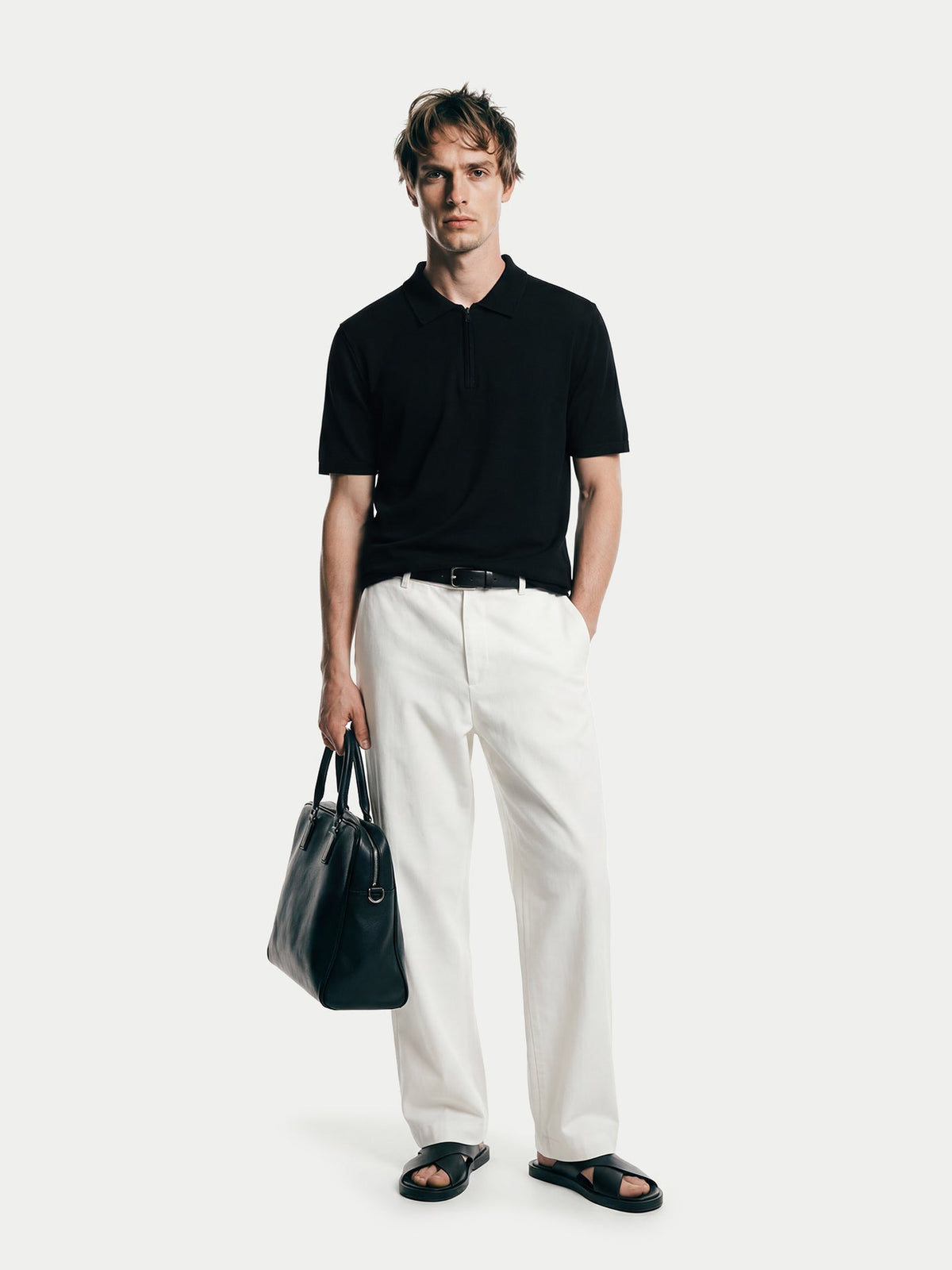 Cashmere Silk Half-zip Polo Top — Graphite Black