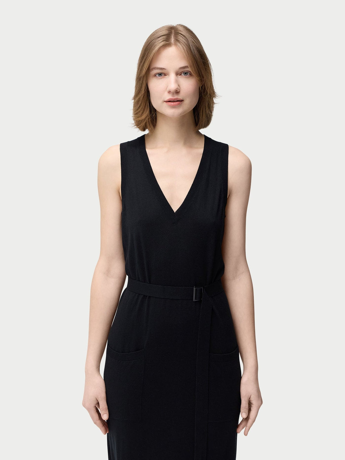 V-neck Silk Cashmere Dress — Graphite Black