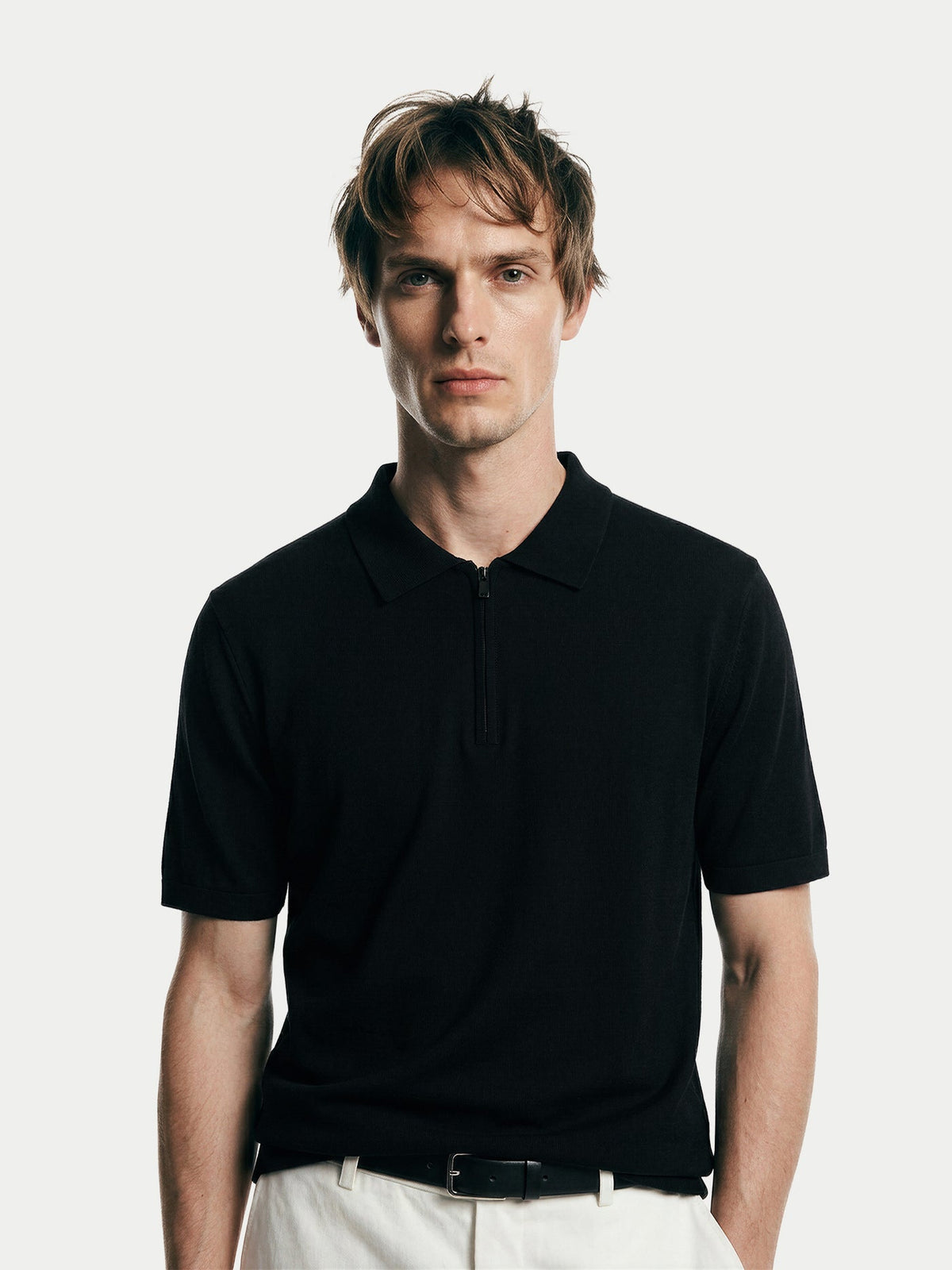 Cashmere Silk Half-zip Polo Top — Graphite Black