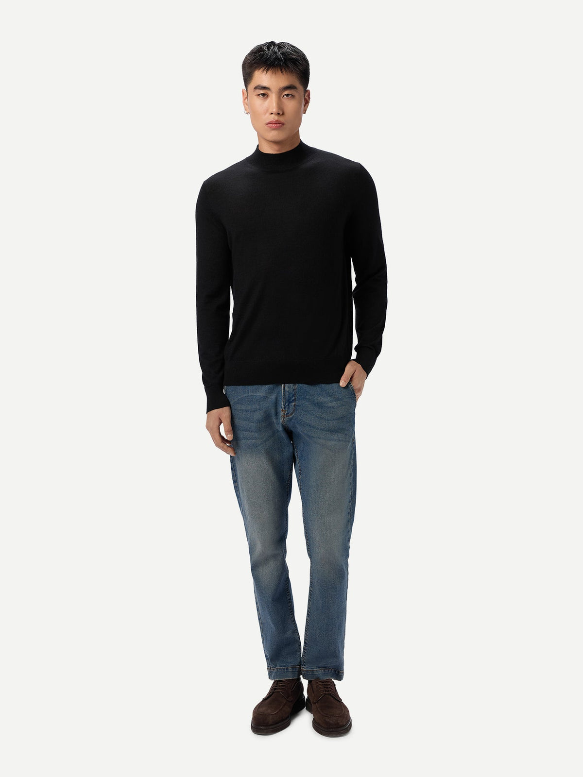Men Cashmere Silk High Neck Sweater — Graphite Black