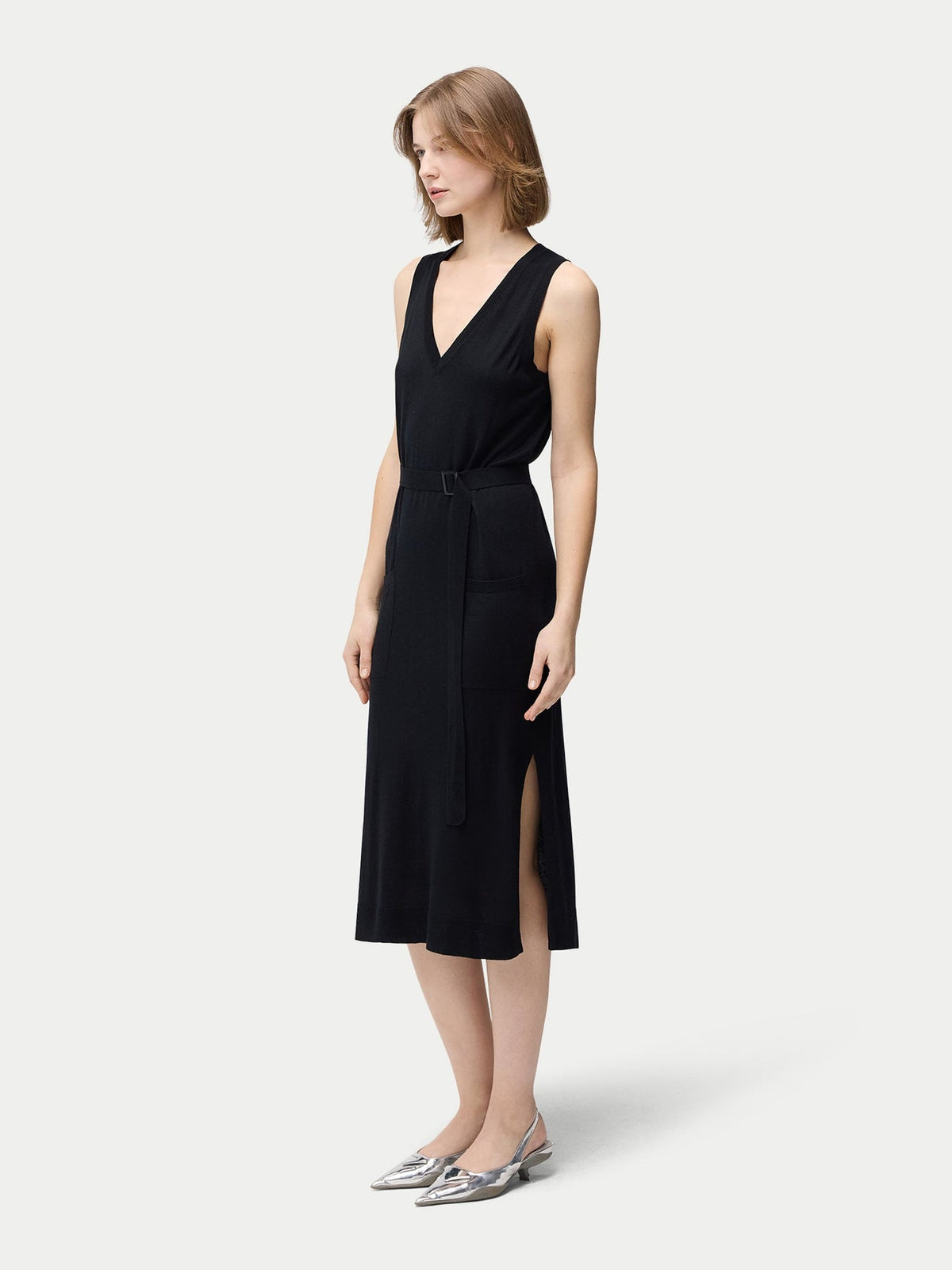 V-neck Silk Cashmere Dress — Graphite Black