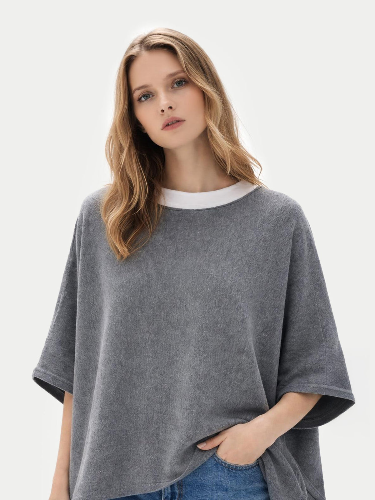 Boat-neck Cashmere Poncho — Gray