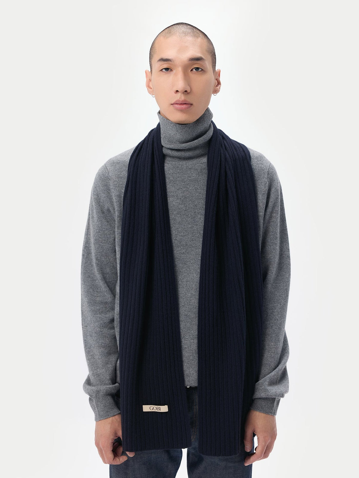 Cashmere Rib Knit Scarf — Ink Blue